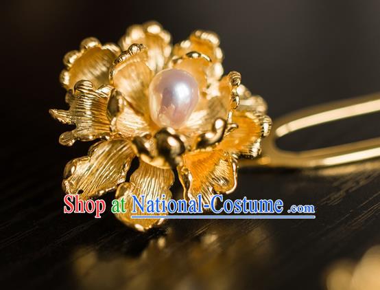 China Ancient Empress Golden Peony Hairpin Traditional Tang Dynasty Hair Accessories Pearl Hair Stick