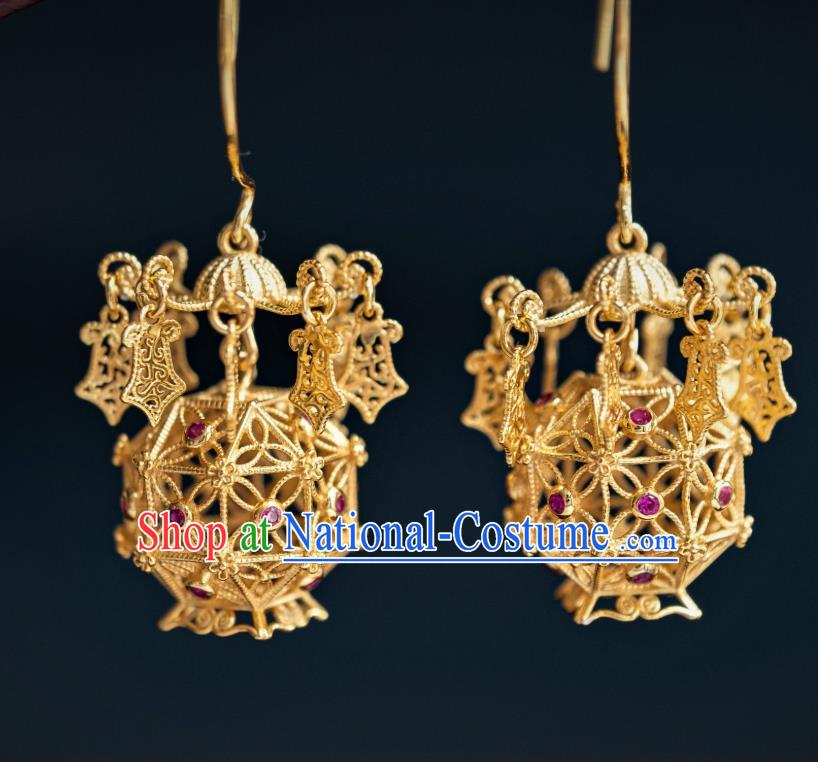 China Traditional Hanfu Gilding Earrings Ancient Ming Dynasty Court Empress Lantern Ear Jewelry