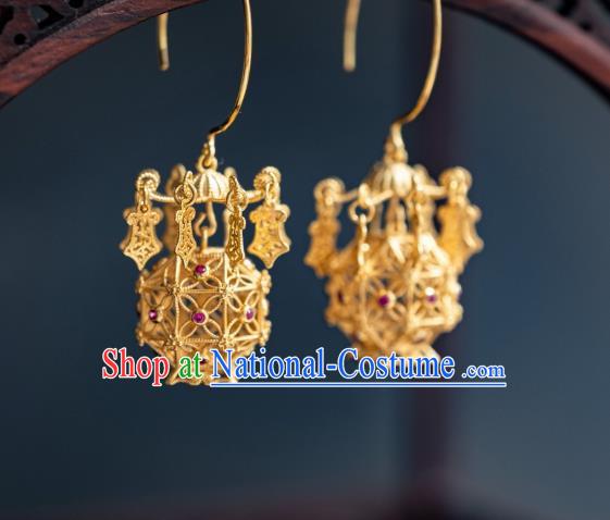 China Traditional Hanfu Gilding Earrings Ancient Ming Dynasty Court Empress Lantern Ear Jewelry