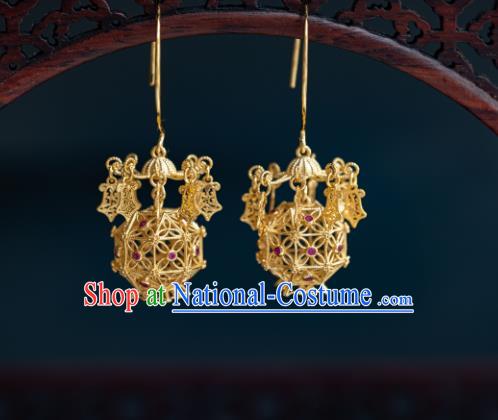 China Traditional Hanfu Gilding Earrings Ancient Ming Dynasty Court Empress Lantern Ear Jewelry