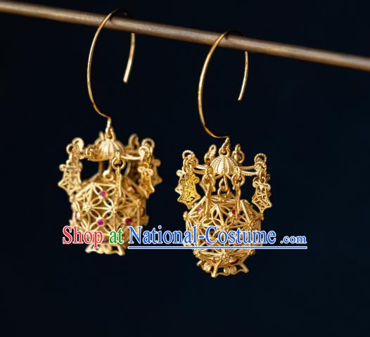 China Traditional Hanfu Gilding Earrings Ancient Ming Dynasty Court Empress Lantern Ear Jewelry