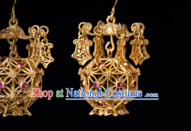 China Traditional Hanfu Gilding Earrings Ancient Ming Dynasty Court Empress Lantern Ear Jewelry