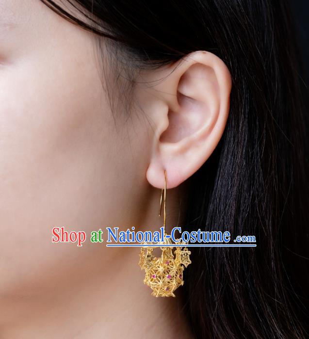 China Traditional Hanfu Gilding Earrings Ancient Ming Dynasty Court Empress Lantern Ear Jewelry