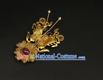 China Ancient Queen Golden Butterfly Hair Stick Handmade Hair Accessories Traditional Ming Dynasty Flower Hairpin