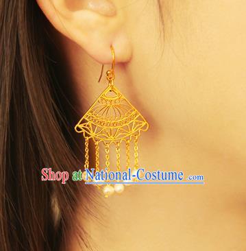 Handmade Chinese Fan Shape Ear Accessories Traditional Ancient Imperial Consort Golden Earrings Jewelry