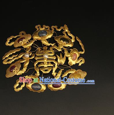 China Ancient Imperial Consort Gems Hair Crown Handmade Hair Accessories Traditional Qing Dynasty Court Golden Hairpin