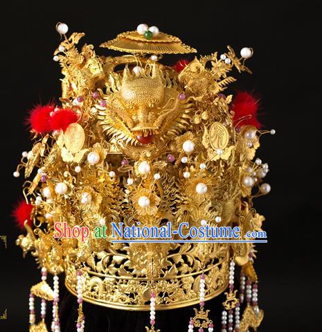 China Ancient Empress Golden Hair Crown Handmade Hair Accessories Traditional Ming Dynasty Pearls Tassel Phoenix Coronet