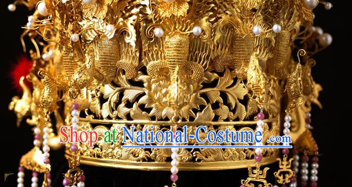 China Ancient Empress Golden Hair Crown Handmade Hair Accessories Traditional Ming Dynasty Pearls Tassel Phoenix Coronet