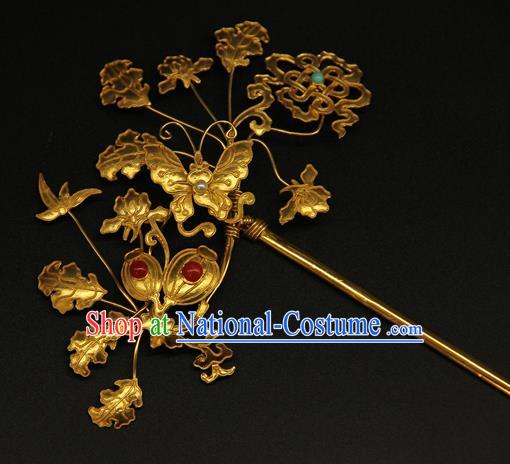 China Ancient Imperial Consort Golden Butterfly Hair Stick Handmade Hair Accessories Traditional Ming Dynasty Court Hairpin