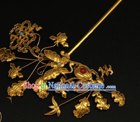 China Ancient Imperial Consort Golden Butterfly Hair Stick Handmade Hair Accessories Traditional Ming Dynasty Court Hairpin