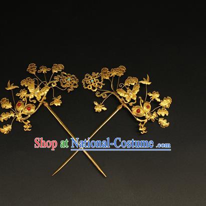 China Ancient Imperial Consort Golden Butterfly Hair Stick Handmade Hair Accessories Traditional Ming Dynasty Court Hairpin