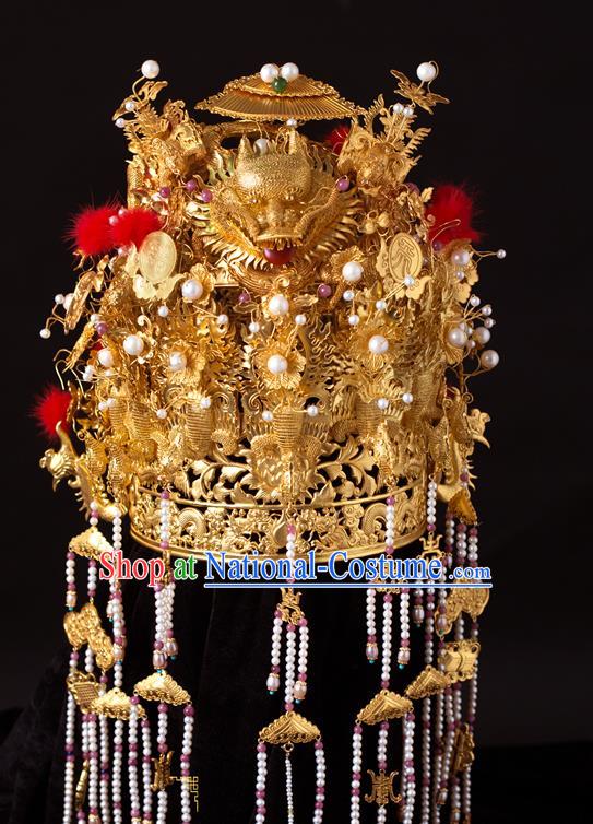 China Ancient Empress Golden Hair Crown Handmade Hair Accessories Traditional Ming Dynasty Pearls Tassel Phoenix Coronet