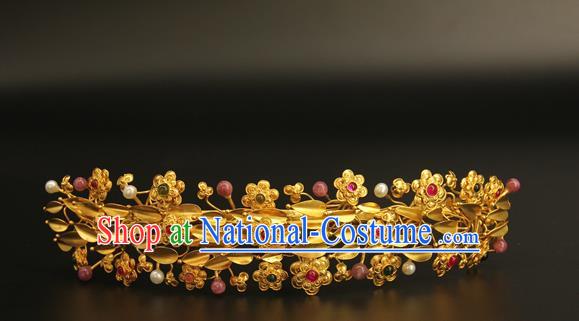 China Ancient Imperial Consort Hairpin Handmade Hair Accessories Traditional Ming Dynasty Golden Flowers Hair Crown