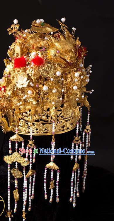 China Ancient Empress Golden Hair Crown Handmade Hair Accessories Traditional Ming Dynasty Pearls Tassel Phoenix Coronet