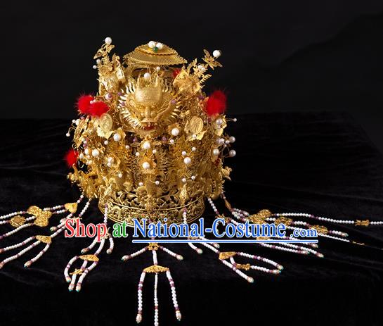 China Ancient Empress Golden Hair Crown Handmade Hair Accessories Traditional Ming Dynasty Pearls Tassel Phoenix Coronet