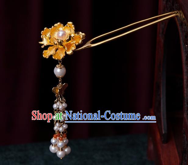 China Traditional Tang Dynasty Pearl Tassel Hair Stick Ancient Empress Golden Peony Hairpin Hair Accessories