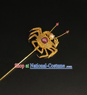 China Ancient Queen Filigree Hair Stick Handmade Hair Accessories Traditional Ming Dynasty Golden Crab Hairpin