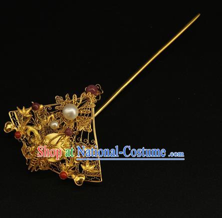 China Ancient Gilding Fan Hairpin Handmade Hair Accessories Traditional Ming Dynasty Golden Butterfly Hair Stick