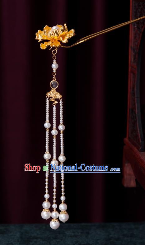 China Traditional Tang Dynasty Hair Accessories Pearl Tassel Hair Stick Ancient Empress Golden Peony Hairpin