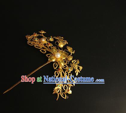 China Ancient Court Hairpin Handmade Hair Accessories Traditional Ming Dynasty Golden Flowers Bird Hair Stick