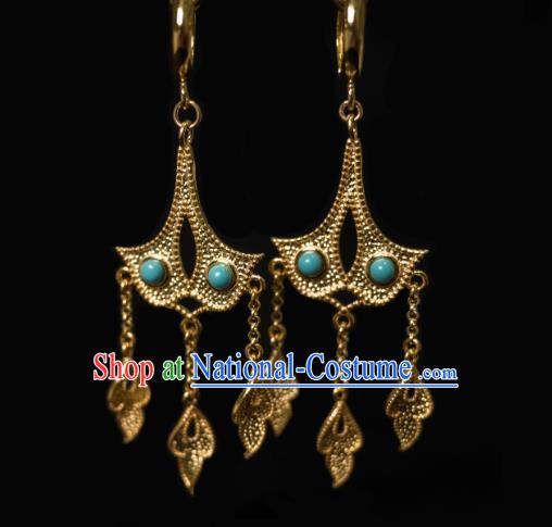 China Traditional Tang Dynasty Imperial Concubine Kallaite Earrings Ancient Golden Ginkgo Leaf Ear Jewelry