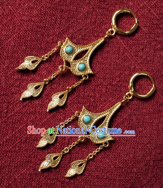 China Traditional Tang Dynasty Imperial Concubine Kallaite Earrings Ancient Golden Ginkgo Leaf Ear Jewelry