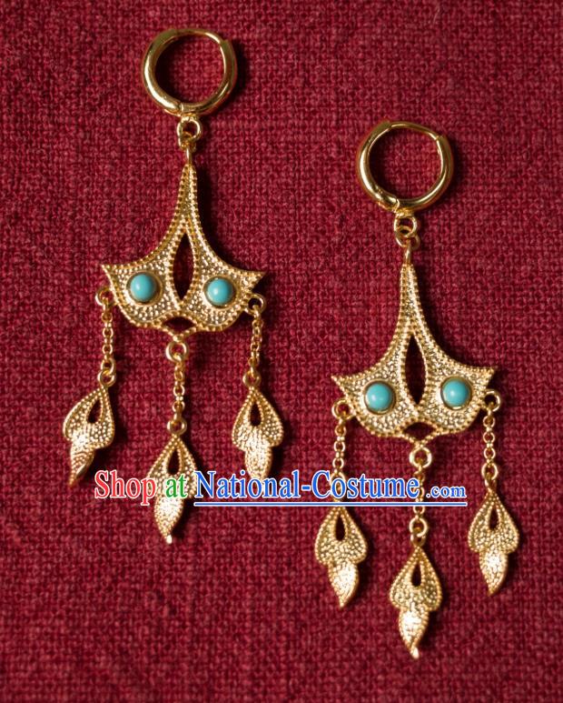 China Traditional Tang Dynasty Imperial Concubine Kallaite Earrings Ancient Golden Ginkgo Leaf Ear Jewelry