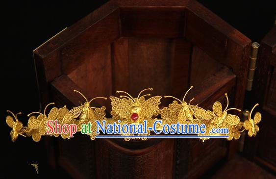 China Traditional Court Hair Crown Ancient Ming Dynasty Golden Butterfly Hairpin Handmade Hair Accessories