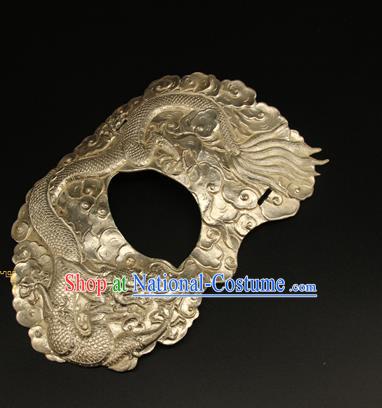 China Ancient Swordsman Argent Half Face Mack Handmade Carving Dragon Mask Accessorie