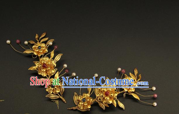 China Traditional Court Golden Hair Sticks Handmade Hair Accessories Ancient Ming Dynasty Gems Hairpin