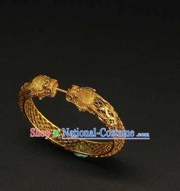 China Ancient Hollowed Dragon Golden Bracelet Handmade Ming Dynasty Jewelry Accessorie