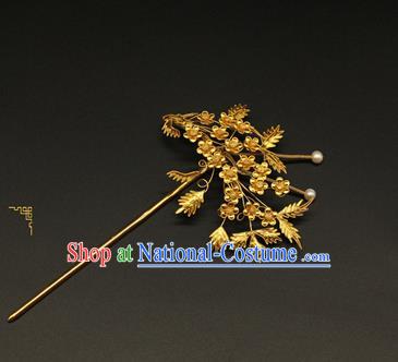 China Handmade Golden Plum Hair Accessories Ancient Ming Dynasty Empress Hairpin Traditional Court Hair Stick