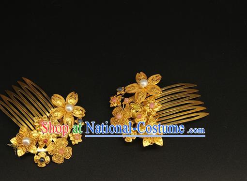 China Ancient Ming Dynasty Golden Hairpin Handmade Hair Accessories Traditional Hanfu Pearl Hair Combs