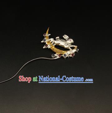 China Ancient Empress Hairpin Handmade Tang Dynasty Hair Accessories Traditional Court Silver Rabbit Moon Hair Stick