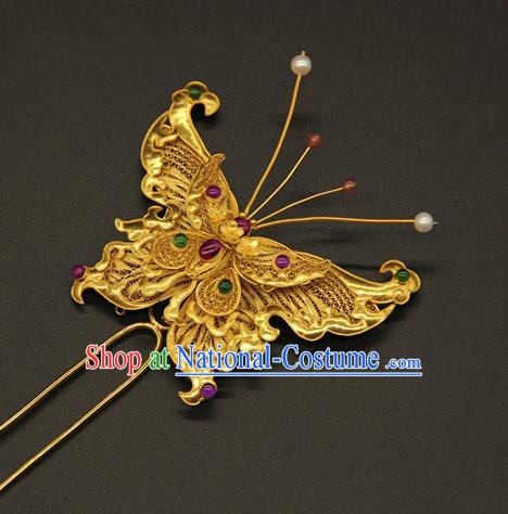 China Ancient Empress Butterfly Hairpin Traditional Ming Dynasty Gems Hair Accessories Handmade Palace Golden Hair Clip