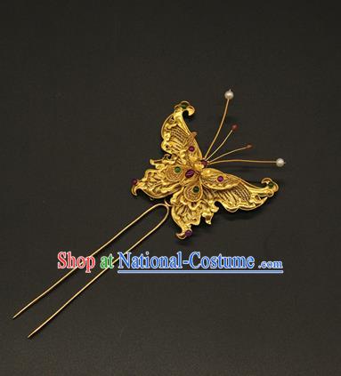 China Ancient Empress Butterfly Hairpin Traditional Ming Dynasty Gems Hair Accessories Handmade Palace Golden Hair Clip