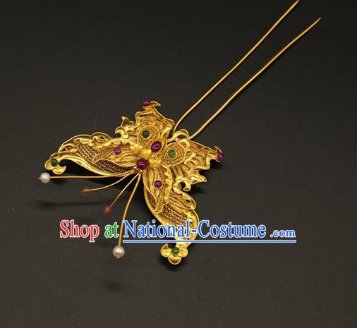 China Ancient Empress Butterfly Hairpin Traditional Ming Dynasty Gems Hair Accessories Handmade Palace Golden Hair Clip