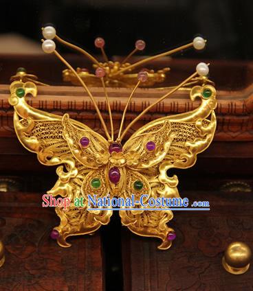 China Ancient Empress Butterfly Hairpin Traditional Ming Dynasty Gems Hair Accessories Handmade Palace Golden Hair Clip