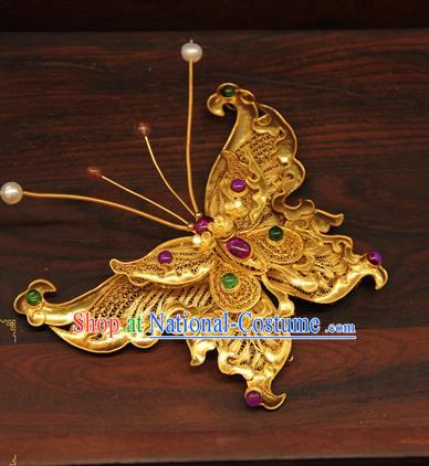 China Ancient Empress Butterfly Hairpin Traditional Ming Dynasty Gems Hair Accessories Handmade Palace Golden Hair Clip