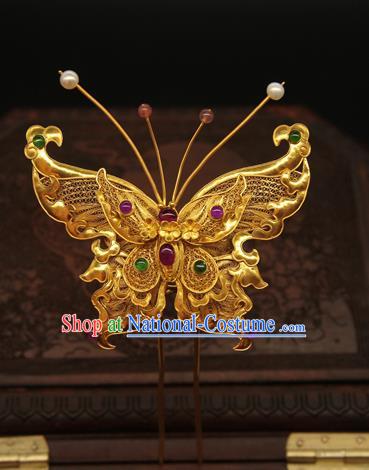 China Ancient Empress Butterfly Hairpin Traditional Ming Dynasty Gems Hair Accessories Handmade Palace Golden Hair Clip