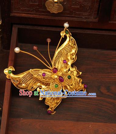 China Ancient Empress Butterfly Hairpin Traditional Ming Dynasty Gems Hair Accessories Handmade Palace Golden Hair Clip