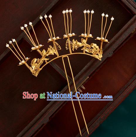 China Handmade Pearls Hair Clip Ancient Imperial Consort Golden Hairpin Traditional Ming Dynasty Hair Accessories