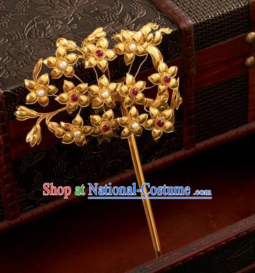 China Ancient Imperial Empress Hairpin Traditional Ming Dynasty Hair Accessories Handmade Golden Flowers Hair Clip