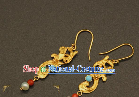 Handmade Chinese Ming Dynasty Hanfu Jewelry Accessories Traditional Ancient Imperial Consort Golden Earrings