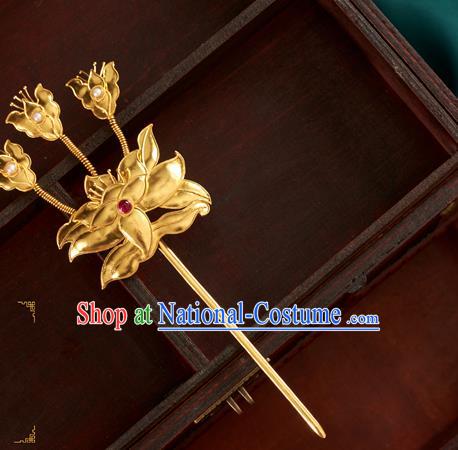 China Ancient Empress Golden Lotus Hairpin Traditional Ming Dynasty Hair Accessories Handmade Gems Hair Clip