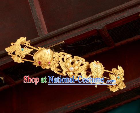 China Ancient Empress Golden Hairpin Handmade Hair Crown Traditional Ming Dynasty Wedding Hair Accessories