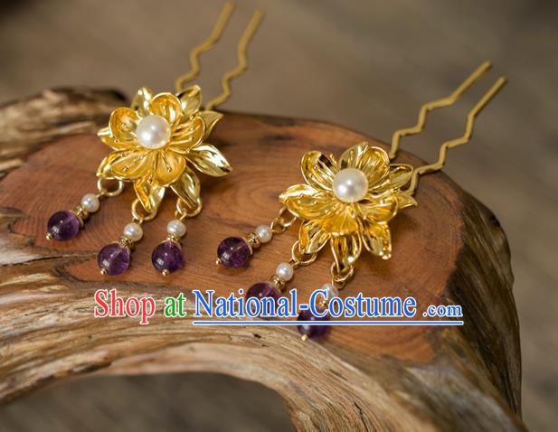 China Tang Dynasty Lotus Hair Stick Traditional Ancient Empress Golden Hairpin Hair Accessories