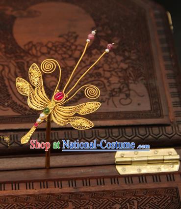 China Handmade Hair Stick Traditional Ming Dynasty Palace Hair Accessories Ancient Empress Golden Dragonfly Hairpin