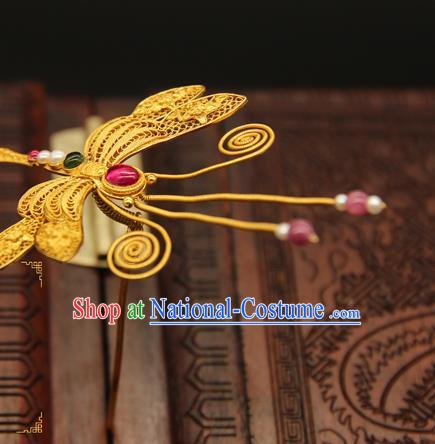 China Handmade Hair Stick Traditional Ming Dynasty Palace Hair Accessories Ancient Empress Golden Dragonfly Hairpin