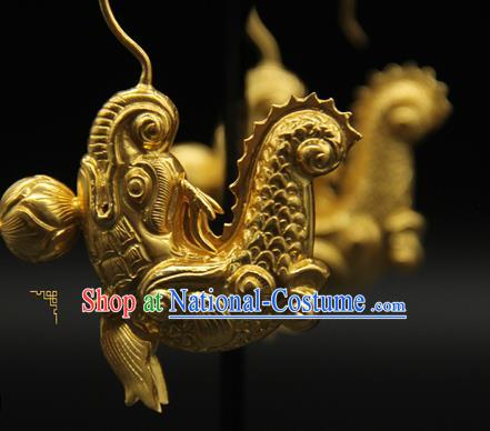 Handmade Chinese Ancient Imperial Consort Golden Earrings Accessories Traditional Ming Dynasty Court Ear Jewelry